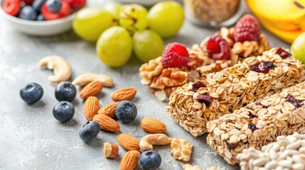 Nutritious Granola Bars with Fresh Fruits and Nuts Assortment
