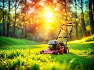Fototapeta premium Vibrant red lawn mower stands alone on a lush green meadow, illuminated by warm sun rays and surrounded by soft, blurred bokeh lights.