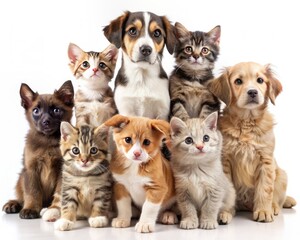 Obraz premium Adorable assortment of puppies and kittens in various breeds and ages, isolated on a clean white background, showcasing their unique features and playful personalities.