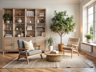 Serene modern Scandinavian living room features woven rug, potted tree, wooden cabinet, wicker chair, and table stacked with books, exuding calm and simplicity.