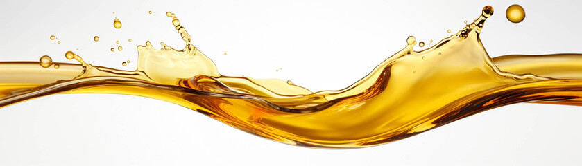 Close-up of a splash of golden liquid against a white background, capturing the motion and fluidity with vivid detail and vibrant color.