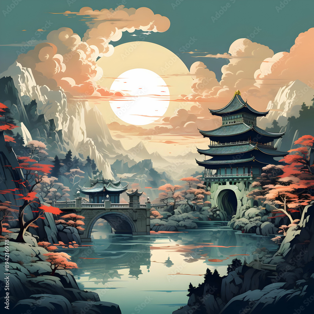 Poster Serene Asian Landscape Illustration