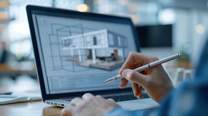 A hand sketching a 3D model of a dream house on a computer screen.