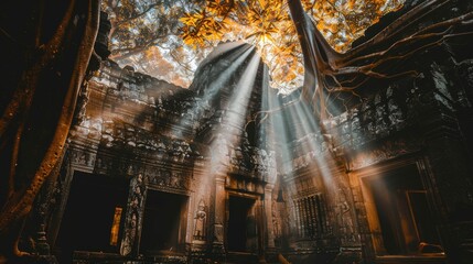 Naklejka premium Majestic Ancient Temple Covered in Overgrowth - Low Angle Shot (High Fidelity)