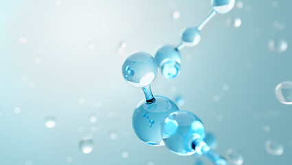 Molecules of water bonding by hyaluronic acid. blue abstract background.