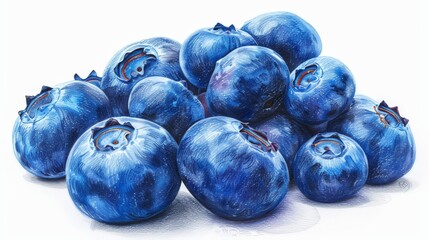 Clear and vibrant hand-drawn color pencil sketch of a fresh blueberry cluster, isolated on white with defined outlines for easy clipping in Photoshop