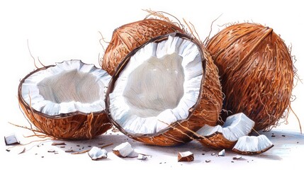 Clear and vibrant hand-drawn color pencil sketch of a fresh coconut and coconut pieces, isolated on white with defined outlines for easy clipping in Photoshop