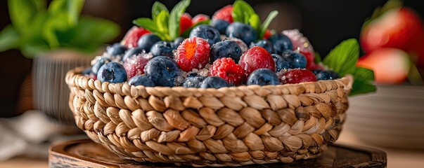 Fototapeta premium Close-up of a woven basket filled with fresh berries, including strawberries and blueberries, garnished with mint leaves.