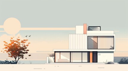 Fototapeta premium Minimalist Modern Beach House at Sunset
