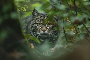 A charming image of a European wildcat stealthily moving through a dense forest underbrush.