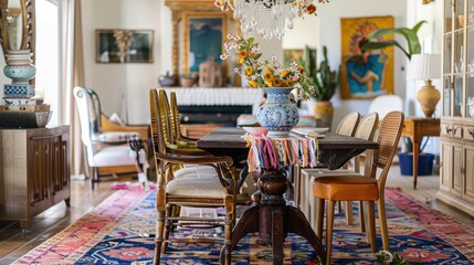 Eclectic Dining Room with Vibrant Décor and Classic Furniture