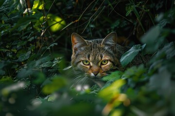 A charming image of a European wildcat stealthily moving through a dense forest underbrush.