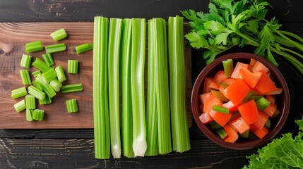 Fresh celery stalks, chopped celery, and a bowl of diced tomatoes with herbs on a wooden cutting board, perfect for a healthy diet.
