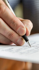 Fototapeta premium A man's hand with a pen in his hands signs a document, business concept, close-up of the hand