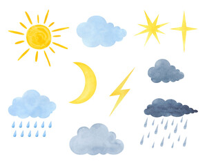A set of weather elements of the sun, moon, stars, clouds, rain isolated on white, hand-drawn. Watercolor children's illustration of icons for design, design of the forecast of natural phenomena. 