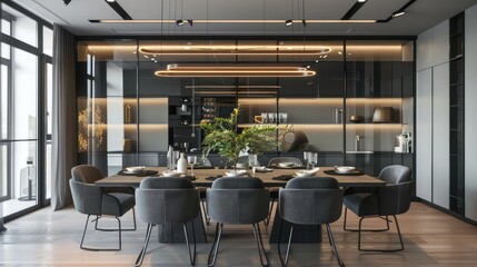 Luxury Modern Dining Room with Sleek Interiors and Elegant Lighting