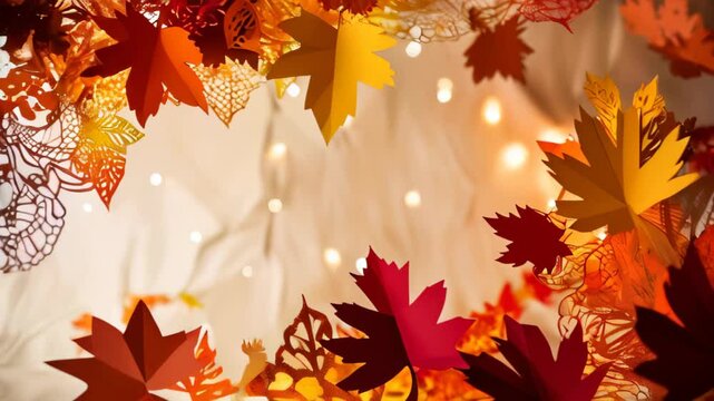 autumn leaves background with colorful maple leaves in red, orange, and yellow against bokeh lights. Copy space template backdrop