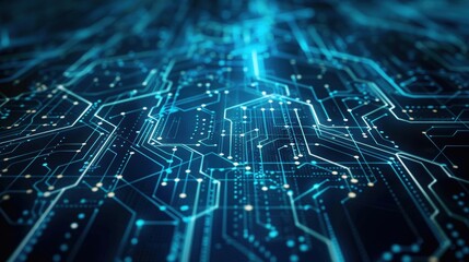 A blue circuit board background for a tech-themed PowerPoint presentation, featuring intricate electronic patterns and a futuristic design