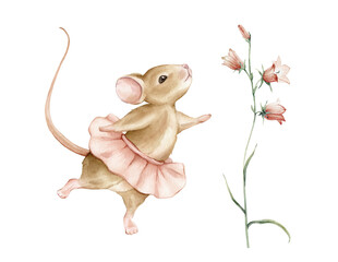Hand drawn watercolor illustration mouse ballerina in a pink tutu and pink spreading bellflower flowers. Beige brown cute animals dancing ballet pose. Young ballerina kid illustration isolated. © Ekatmart