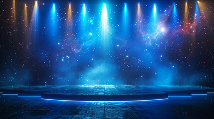 Abstract background with stage lights, dark room for product presentation. Showroom with spotlight and starry sky. Background for display of products on stage in the theater or studio