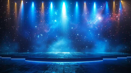 Ingelijste posters Abstract background with stage lights, dark room for product presentation. Showroom with spotlight and starry sky. Background for display of products on stage in the theater or studio © rafliand