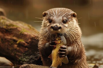 Fototapeta premium A close-up of a European otter holding a fish in its paws, sitting on a riverbank. 