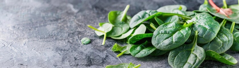 Fototapeta premium Fresh spinach leaves on a gray textured background. Healthy green vegetable, perfect for salads and cooking, offering nutrition and vibrant color.