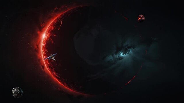 The video shows a crescent shaped red planet in space, with a few small white objects and a blue nebula in the background.