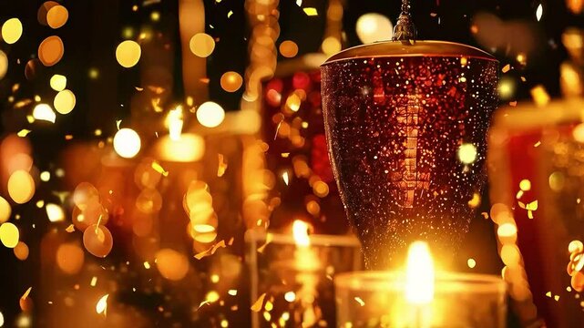 Lanterns with glittering gold and silver particles, swirling slowly in the air, emitting a light like a midnight celebration