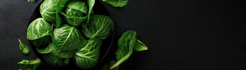 Obraz premium Fresh green spinach leaves in a black bowl on a dark background. Healthy eating and clean food concept with copy space.
