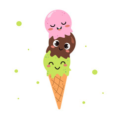 Kawaii cartoon ice cream character isolated on white background. Funny cute vector food illustration for kids textile logo or printing on any surface. Sweet food sugar and tasty desert