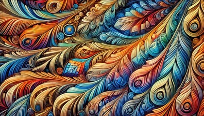 Fototapeta premium Abstract Swirling Pattern with Colorful Feathers and Spirals.