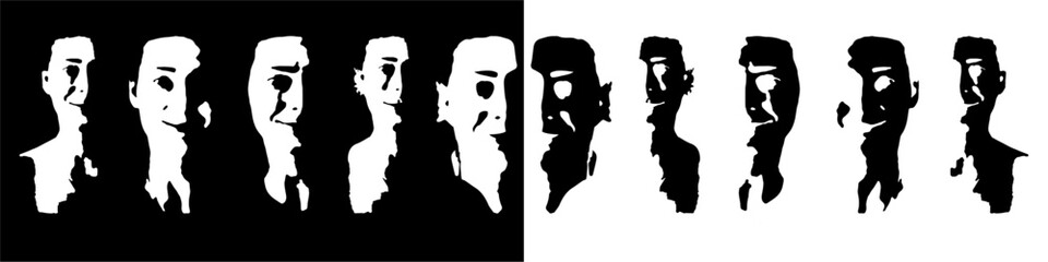 Monochrome set of stickers with faces. Stickers with different emotions and facial expressions. Shadow. Icons for messages, Halloween greetings and atmosphere creation, websites, avatars. Vector