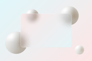 Glass morphism landing page with frame. Illustration with blurry floating white spheres.