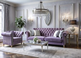 Elegant living room features a plush lavender velvet sofa amidst light grey walls, accented with sparkling silver and crystal elements, exuding serenity and sophistication.