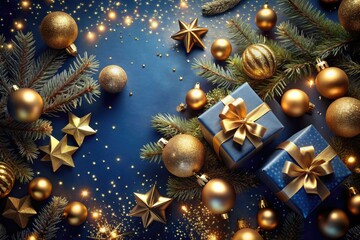 Luxurious dark blue Christmas background adorned with golden gifts, shimmering ornaments, and twinkling stars, evoking a sense of magic and sophistication during the holiday season.