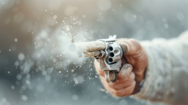 A hand stained with gunpowder reloads a musket.