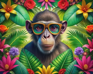 Fototapeta premium A trendy monkey poses with confidence, donning sleek shades, against a vibrant tropical backdrop of lush green leaves and colorful exotic flowers.