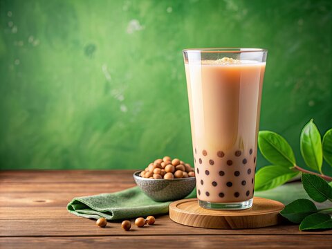 Plastic clear glass with delicious milk tea with tapioca balls. Milk bobba cold tea, summer drink on flat green background with copy space, banner template.