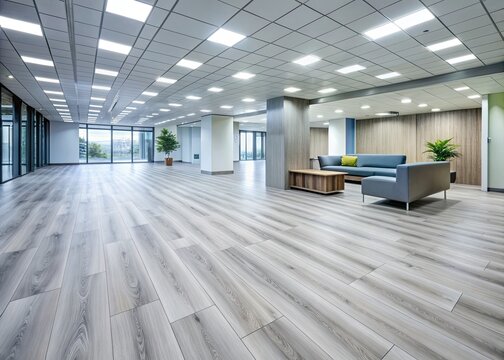 Polished light gray laminate flooring with subtle wood grain pattern beautifully complements modern commercial building interior with sleek lines and versatile decorative options.