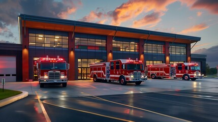 A vibrant fire station displays shiny red trucks and murals celebrating local heroes.