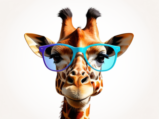 Colorful sunglasses on a 3D cartoon cute giraffe head, transparent background.