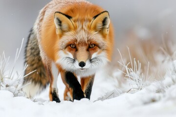 A close-up of a red fox hunting in a snowy field, its bright fur contrasting with the white surroundings.