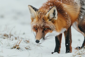 Obraz premium A close-up of a red fox hunting in a snowy field, its bright fur contrasting with the white surroundings. 