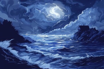 Obraz premium Cottage on Rocky Coast Under Starry Night Sky and Bright Moon