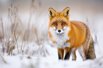 Obraz premium A close-up of a red fox hunting in a snowy field, its bright fur contrasting with the white surroundings. 