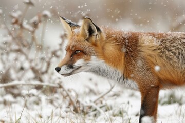 Obraz premium A close-up of a red fox hunting in a snowy field, its bright fur contrasting with the white surroundings. 