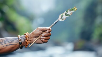 Obraz premium A hand with a tribal tattoo raises a traditional spear.