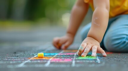 Obraz premium A child's hand drawing a hopscotch grid with chalk on the sidewalk.