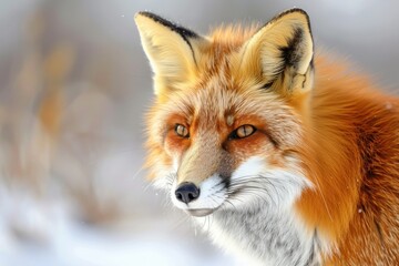 Obraz premium A close-up of a red fox hunting in a snowy field, its bright fur contrasting with the white surroundings. 